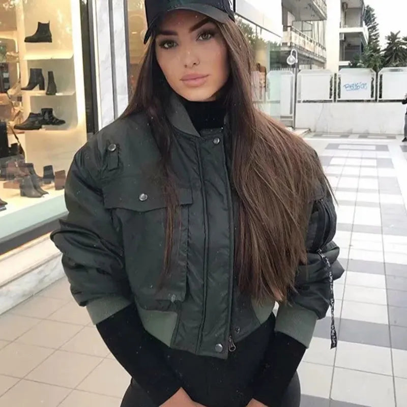 2020 stylish lady autumn winter za green short jackets women fashion long sleeve zipper bomber jacket outwear women's coat