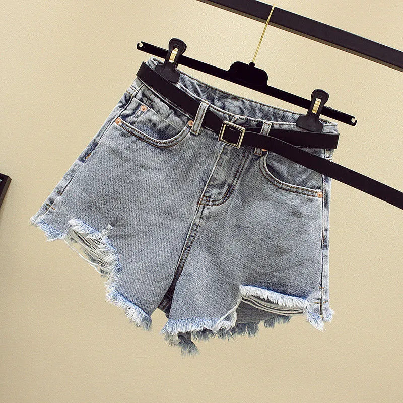 Women Summer Shorts New Style Ripped Hole Washed Denim Shorts High Waist Casual Fashion Irregular Wide-leg Jean Shorts Plus Size