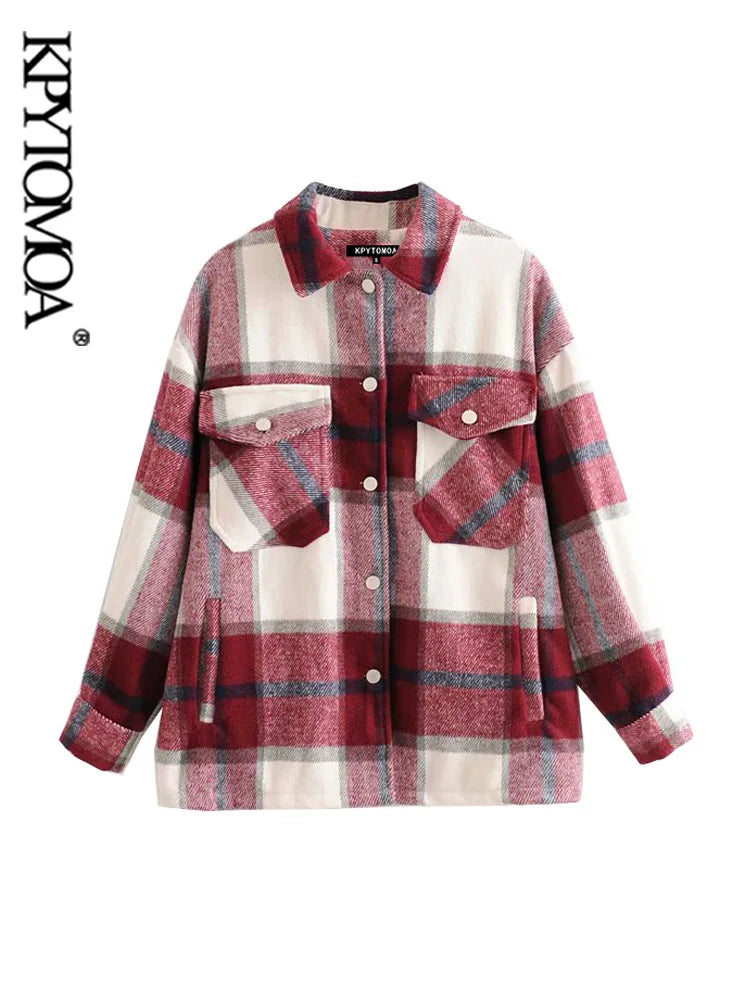 Vintage Stylish Pockets Oversized Plaid Jacket Coat Women Fashion Lapel Collar Long Sleeve Loose Outerwear Chic Tops