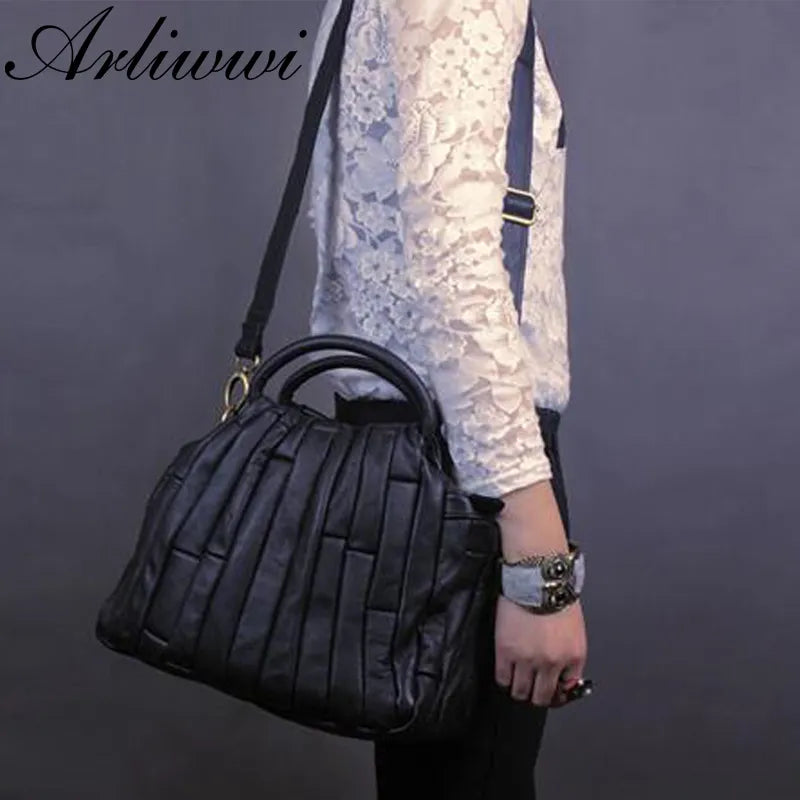 Arliwwi REAL LEATHER Tote Handbag For Women Genuine Cowhide Handmade Patchwork Elegant Cross Body Bags Lady GJ01