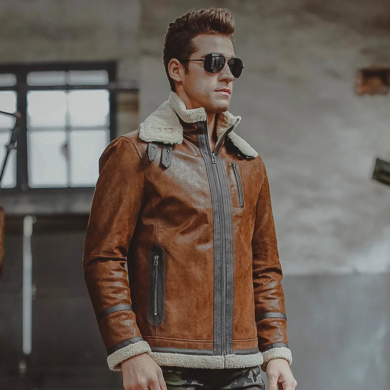 Men's real leather jacket motorcycle pigskin Genuine Leather jackets with faux shearling liner winter warm coat men