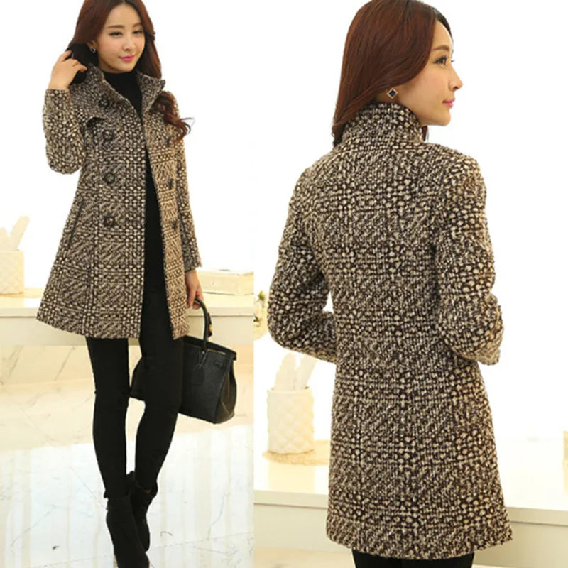 New Women's Wool Blends Coat Winter 2023 Autumn Fashion Elegant Mother Turtleneck Plaid Slim Long Tweed Woolen Outerwear Female