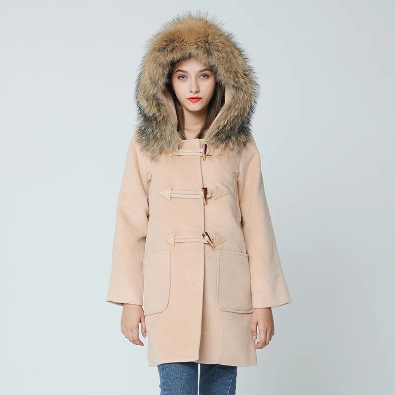 autumn winter coat women 2022 new Horn Button Wool Woolen Thicken coat with natural real big raccoon fur Hooded casaco feminino