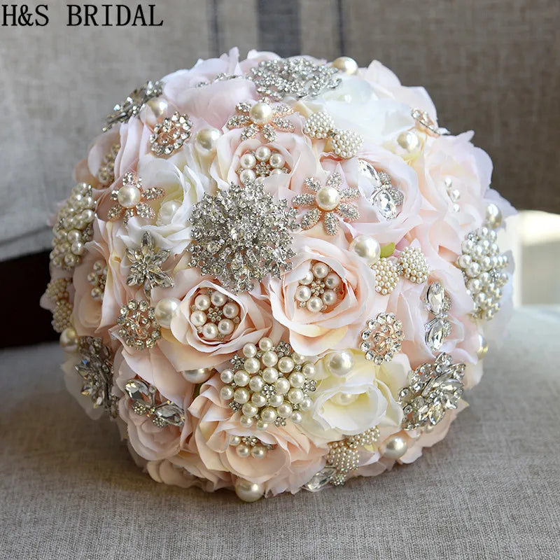 H&S BRIDAL Round Blush Wedding Bouquet Teardrop Butterfly Brooch Bouquet Alternative Cascading Bouquets Crystal Wedding Flowers