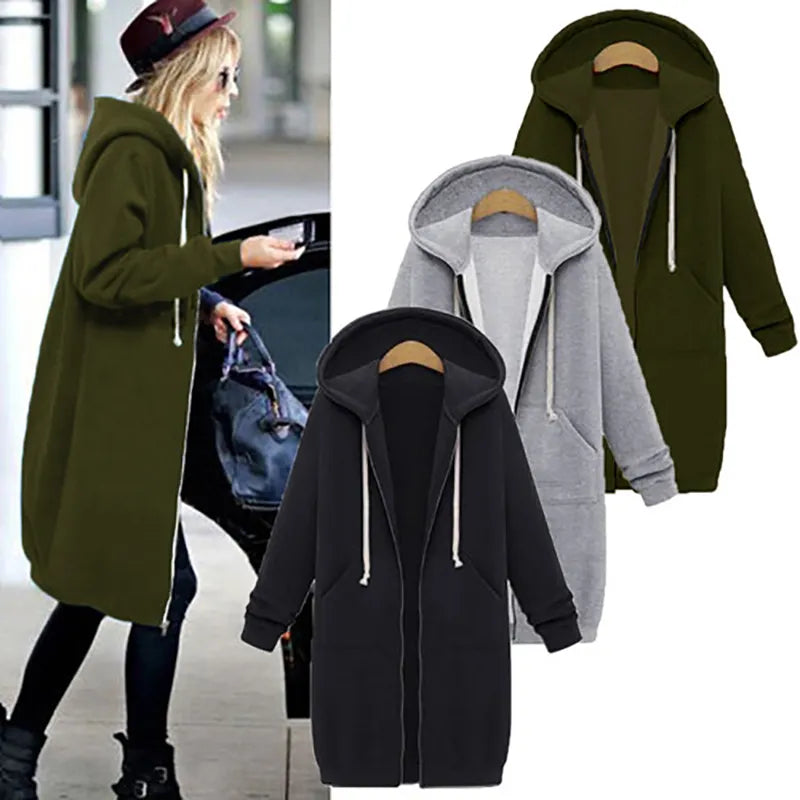 HGTE Autumn Winter Coat Women 2020Fashion Casual Long Jacket With Hooded Zipper Hooded Sweatshirt Vintage Outwear Coat Plus Size