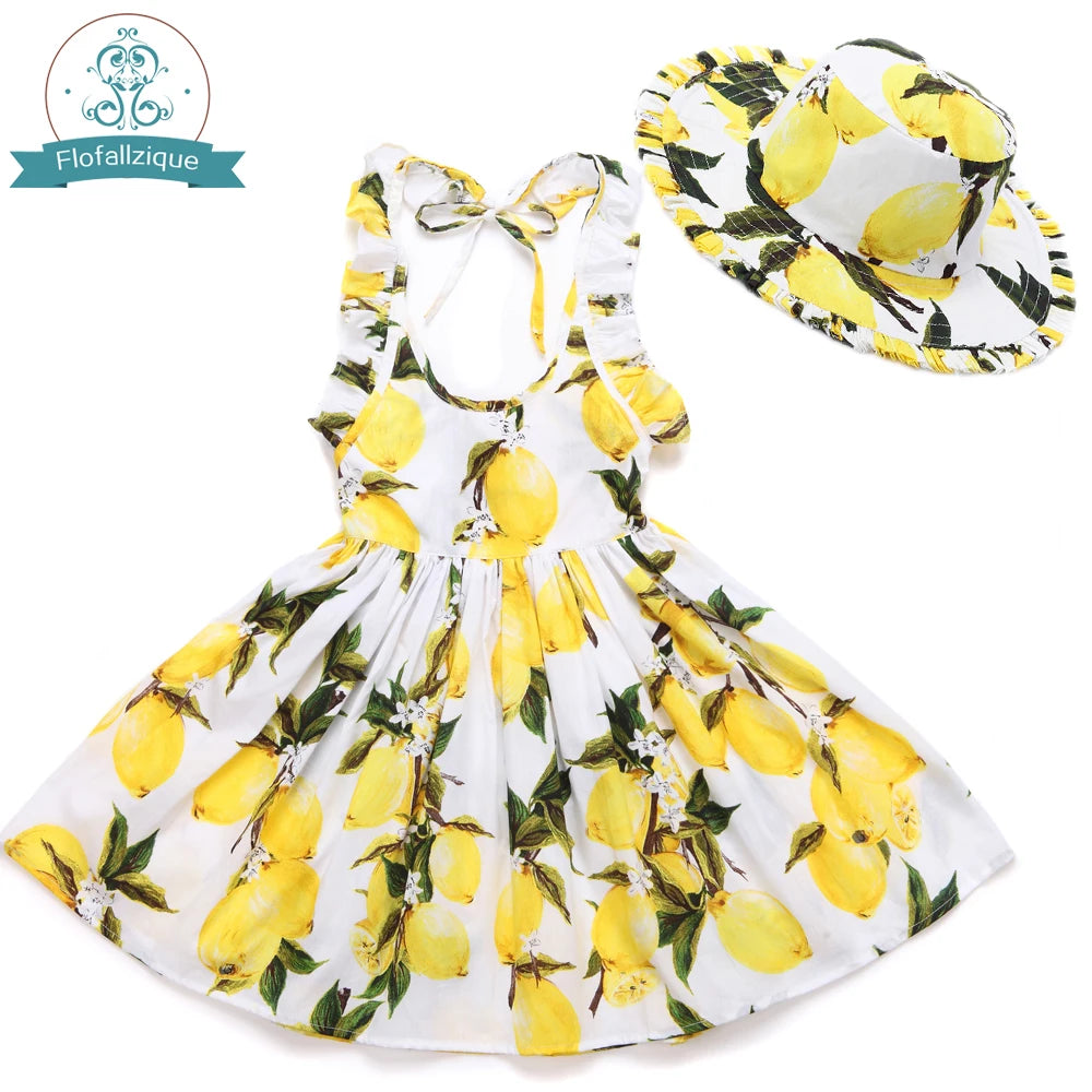 Baby Girls Dress with Hat 2018 Brand Toddler Summer Kids Beach Floral Print Ruffle Princess Party Clothes 1-8Y