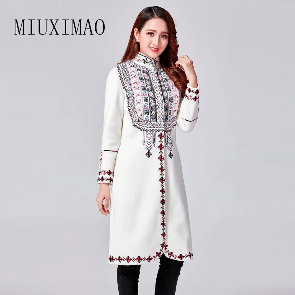 2020Autumn & Winter New Arrival Best Quality Mandarin Collar Single Breasted Full Sleeve Embroidery Print Warm Long Coat Women