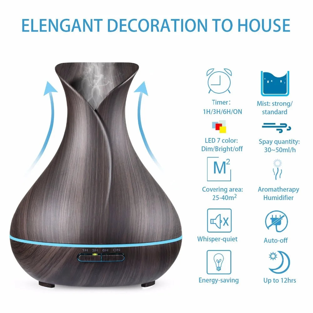 500ml Large Capacity Aroma Essential Oil Ultrasonic Diffuser Vase Shape Air Humidifier with 7 Color Changing LED Lights for Home