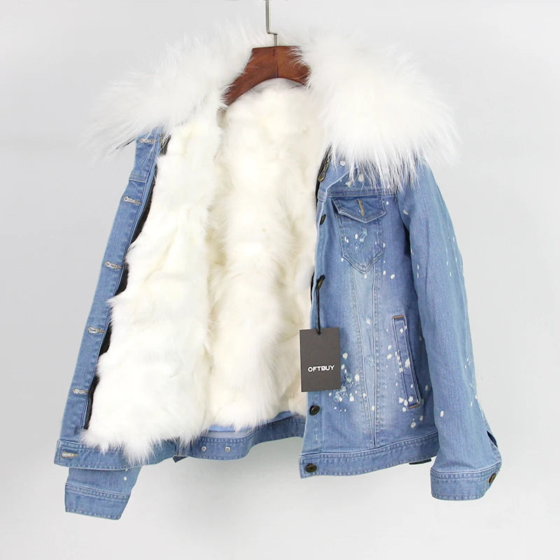 brand 2022 autumn winter jacket coat women Holes Denim jacket real large raccoon fur collar and real Fox fur thick warm Liner