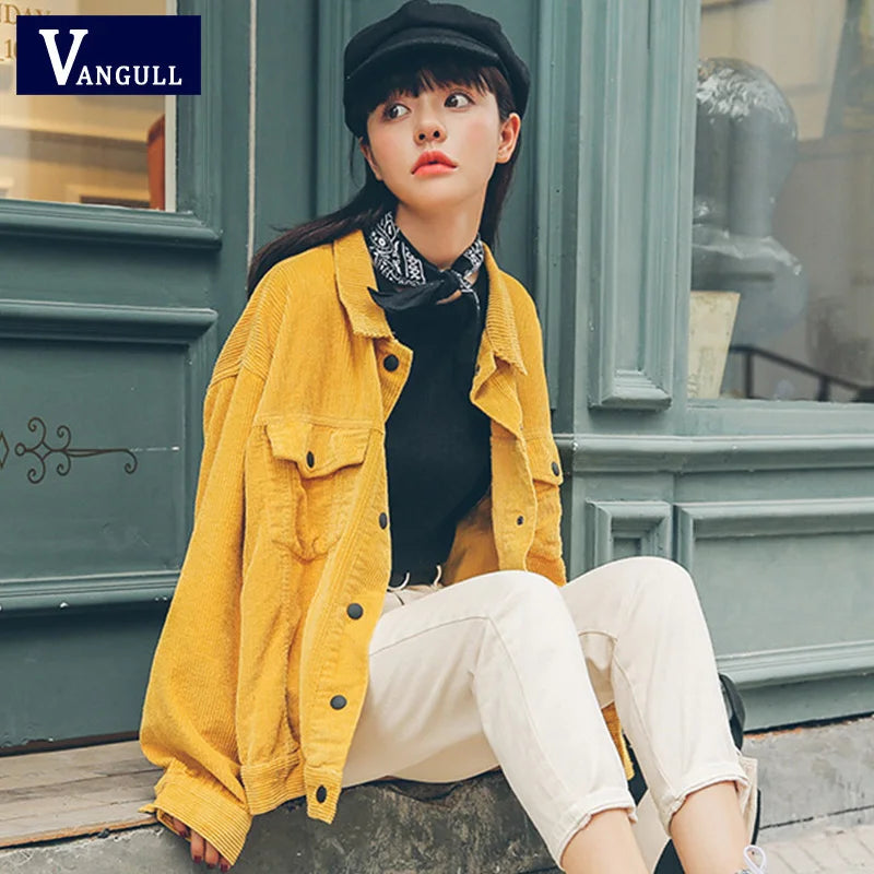 Vangull Yellow Corduroy Jacket Women Spring Bomber JacketLong Sleeve Fashion Pocket Cotton Basic Coat Stylish Loose Outerwear