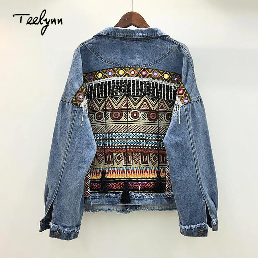 TEELYNN Denim female jacket autumn vintage ethnic appliques Embroidery tassel loose coat long sleeve Outerwear jacket for women