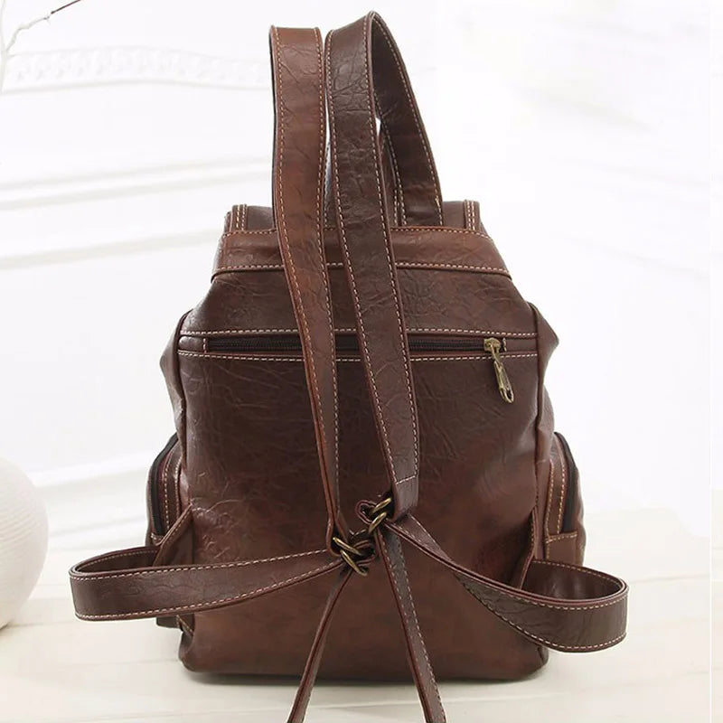 Vintage Women Backpack for Teenage Girls School Bags Large Drawstring Backpacks High Quality PU Leather Black mochila Bag XA658H