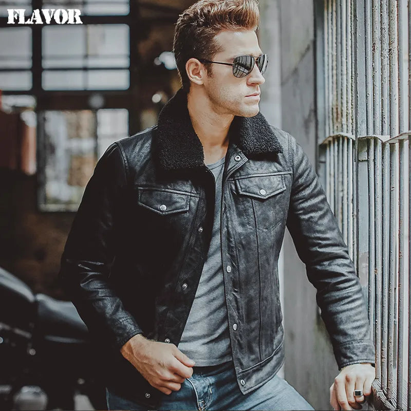 S-6XL Men's pigskin fur collar real leather jacket Genuine Leather warm jacket motorcycle coat men