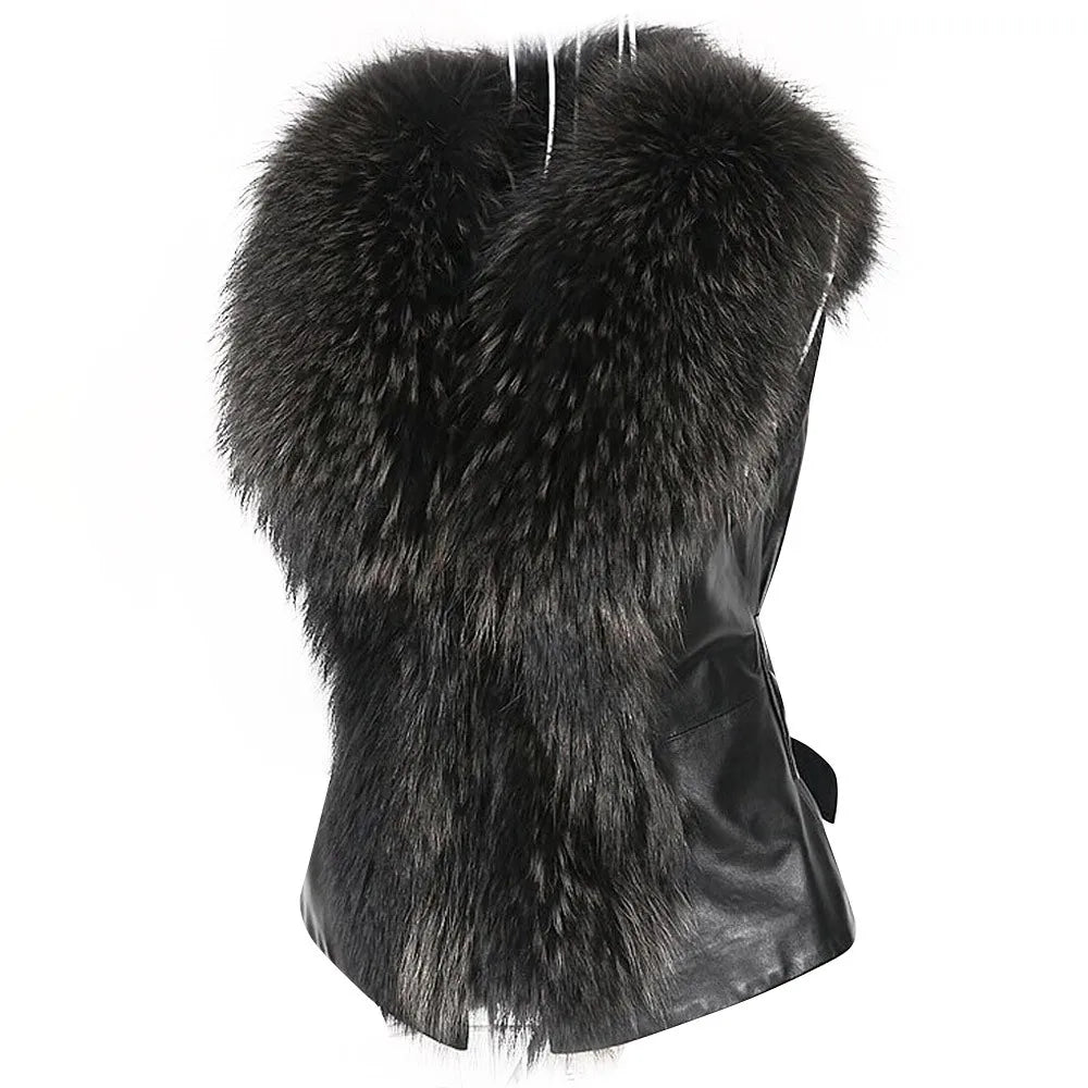 Women Faux Fur Vest Fashion Faux PU Leather Winter Body Warm Sleeveless Jackets Women Artificial Fur Collar Coat Waistcoat Gilet