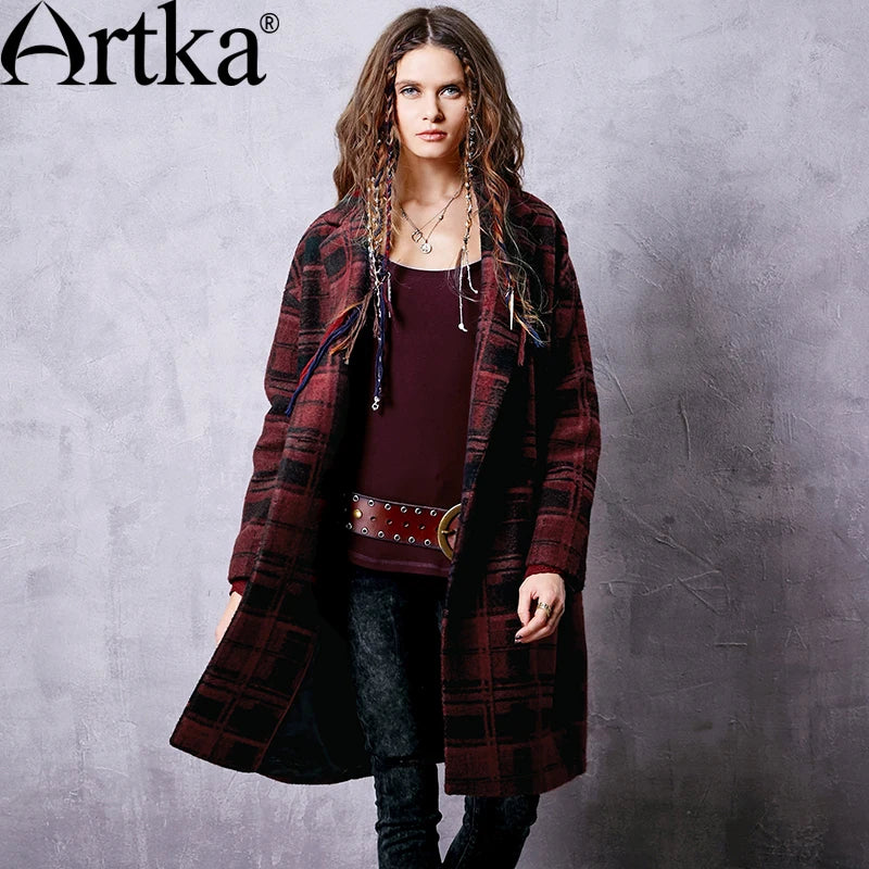 ARTKA Women's Autumn New Plaid All-match Woolen Coat Vintage TUrn-down Collar Drop-shoulder Sleeve Double Breasted Coat FA10868Q