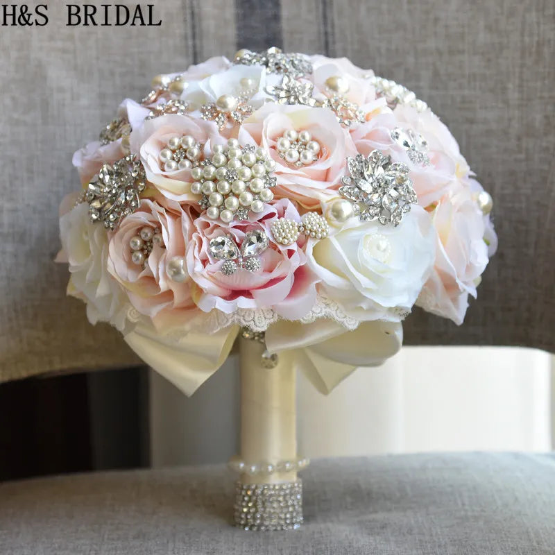 H&S BRIDAL Round Blush Wedding Bouquet Teardrop Butterfly Brooch Bouquet Alternative Cascading Bouquets Crystal Wedding Flowers