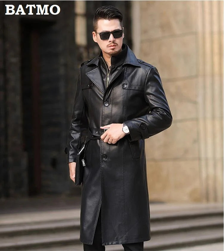 Batmo 2023 new arrival autumn&winter real Leather thicked trench coat men,Leather jacket men,Long Overcoat plus-size S-5XL