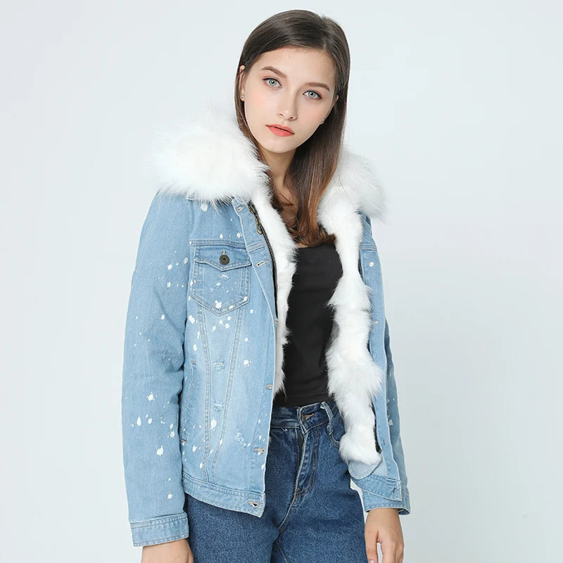 brand 2022 autumn winter jacket coat women Holes Denim jacket real large raccoon fur collar and real Fox fur thick warm Liner