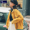 Vangull Yellow Corduroy Jacket Women Spring Bomber JacketLong Sleeve Fashion Pocket Cotton Basic Coat Stylish Loose Outerwear