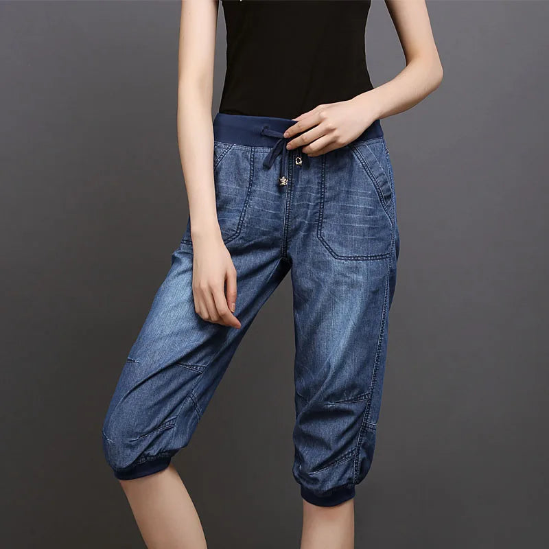 Black Denim Jeans Women's Summer Harem Pants Light Washed Loose Cotton Casual Calf-Length Blue Trousers Female Clothing 3XL 4XL