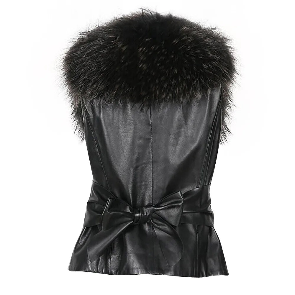 Women Faux Fur Vest Fashion Faux PU Leather Winter Body Warm Sleeveless Jackets Women Artificial Fur Collar Coat Waistcoat Gilet