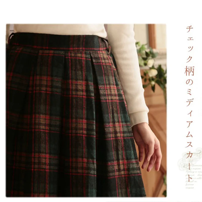 Japanese Mori Girl Spring Vintage Plaid Skirt Women Clothing Retro Mid Calf Harajuku Elastic Waist Female Lovely Skirts V052