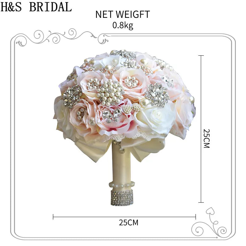 H&S BRIDAL Round Blush Wedding Bouquet Teardrop Butterfly Brooch Bouquet Alternative Cascading Bouquets Crystal Wedding Flowers