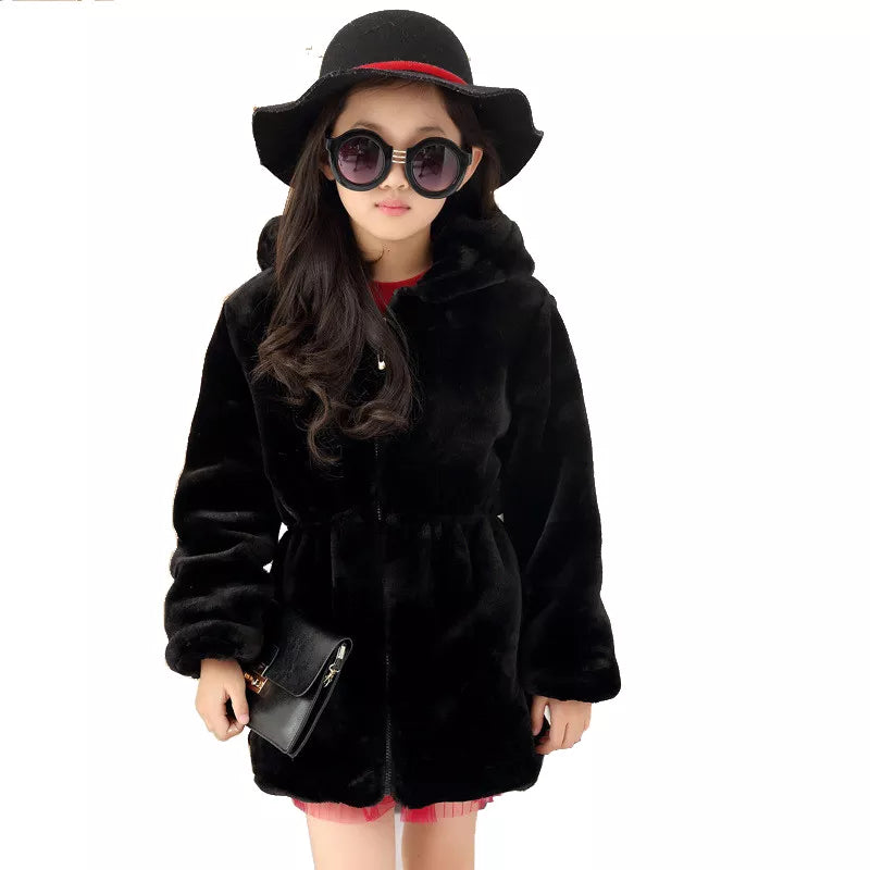 Girls Faux Fur Coat Winter Long Sleeve Hooded Warm Jacket Imitation Rabbit Fur Long Coat For Kids 8-13 Year Soft Outwear CL1043