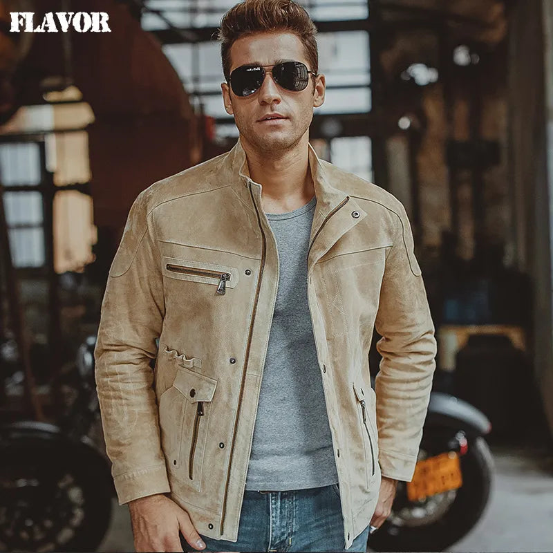 S-6XL Men's pigskin beige real leather jacket Motorcycle Genuine Leather jackets winter coat men