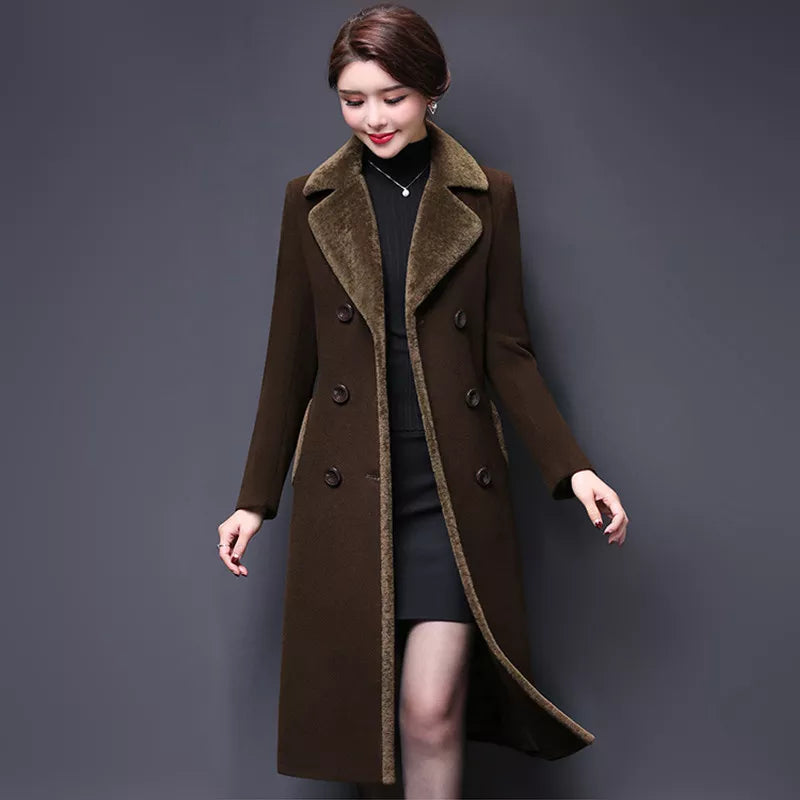 M-5XL Women Wool Blends Coat Autumn Winter 2023 Fashion Mother Thicken Cashmere Collar Long Jacket Slim Tops Outerwear Female