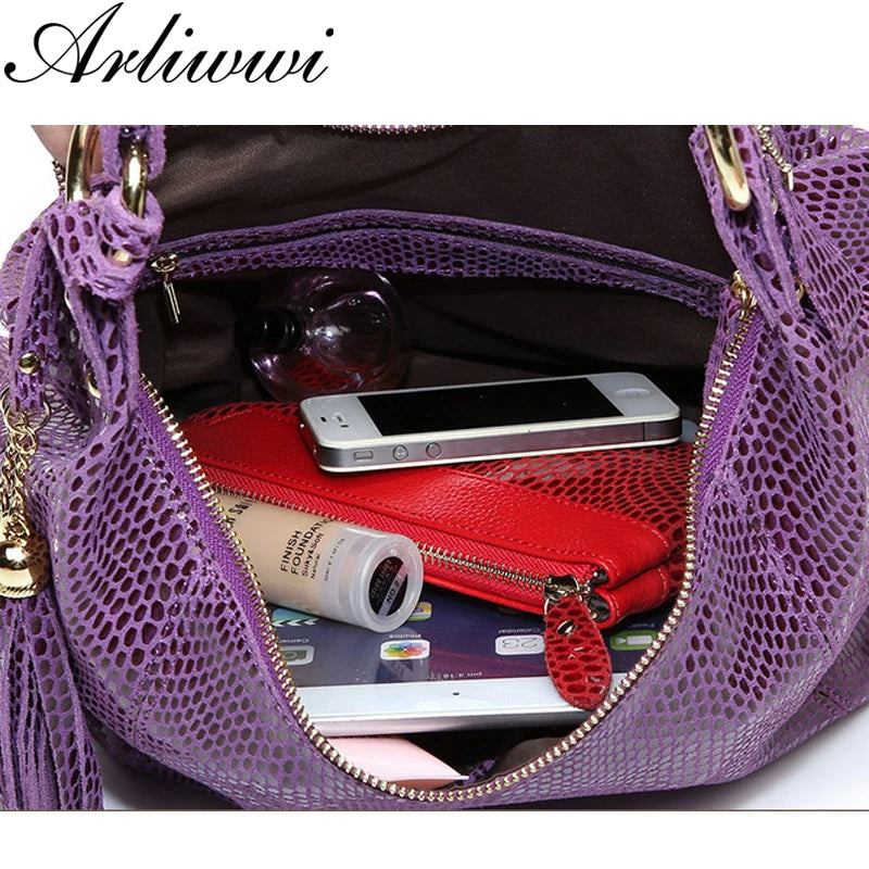 Arliwwi Brand Real Soft Suede Cow Leather Lady Crossbody Tassel Handbags Shiny Snake Embossed Shoulder Tote Bags For Women GY11