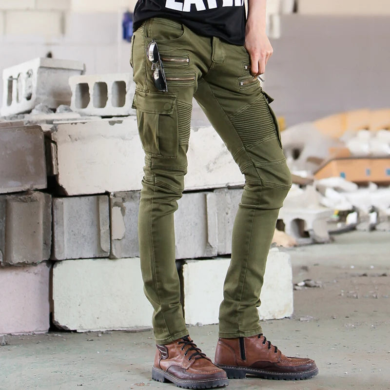 Green Black Denim Biker jeans Men Skinny new Runway Distressed slim elastic homme hip hop Military motorcycle cargo pants