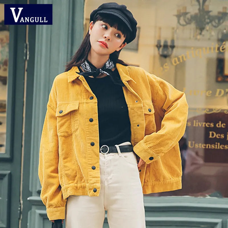 Vangull Yellow Corduroy Jacket Women Spring Bomber JacketLong Sleeve Fashion Pocket Cotton Basic Coat Stylish Loose Outerwear