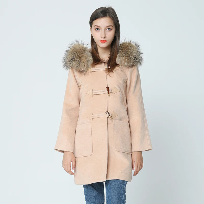 autumn winter coat women 2022 new Horn Button Wool Woolen Thicken coat with natural real big raccoon fur Hooded casaco feminino