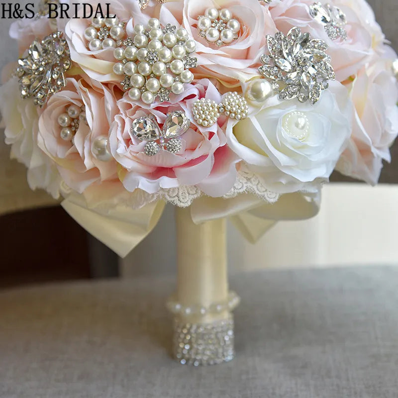 H&S BRIDAL Round Blush Wedding Bouquet Teardrop Butterfly Brooch Bouquet Alternative Cascading Bouquets Crystal Wedding Flowers