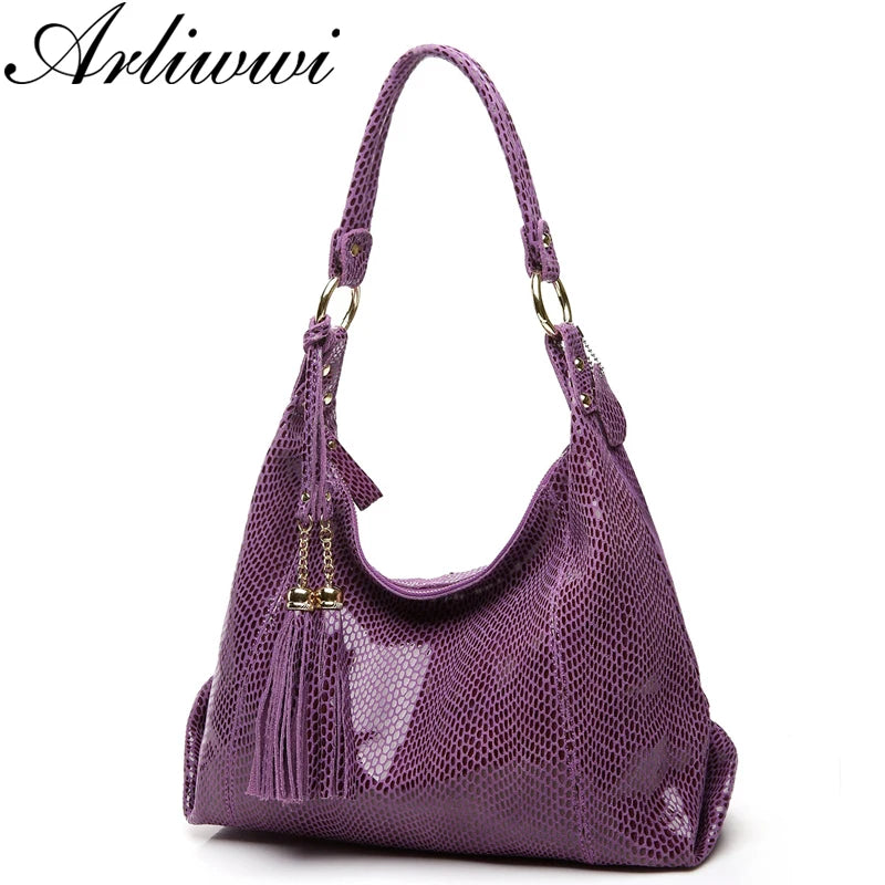 Arliwwi Brand Real Soft Suede Cow Leather Lady Crossbody Tassel Handbags Shiny Snake Embossed Shoulder Tote Bags For Women GY11