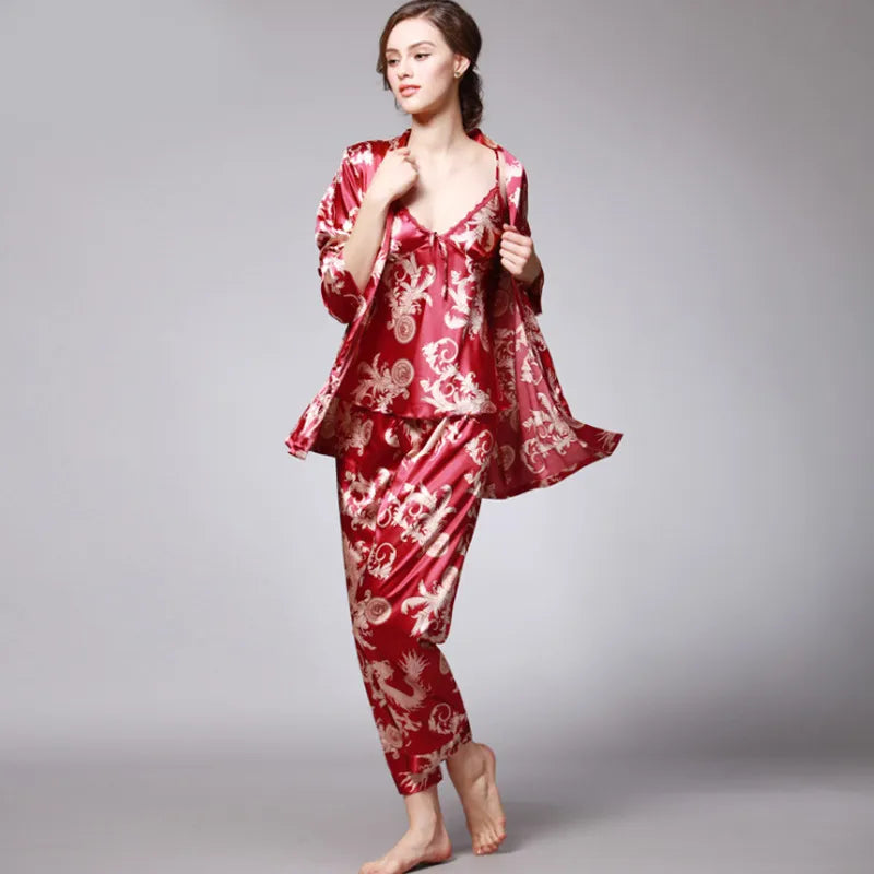 SSH008 Women Satin Silk Pajama Set Female 3pcs Full Sleeves Sleepwear Loungewear Women Nightgown Spring Autumn Nightwear Pajamas