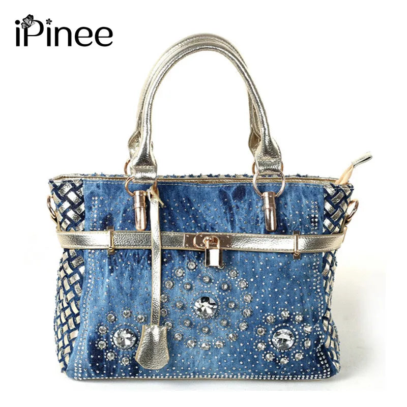 iPinee Summer 2022 Fashion womens handbag large oxford shoulder bags patchwork jean style and crystal decoration blue bag