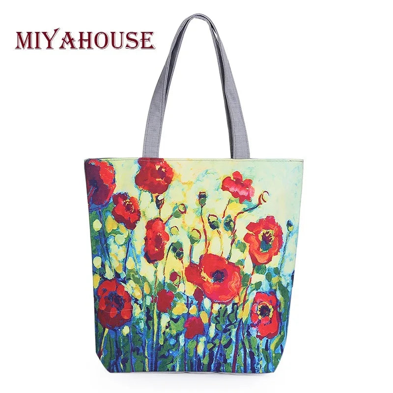 Miyahouse Floral Printed Canvas Tote Female Single Shopping Bags Large Capacity Women Canvas Beach Bags Casual Tote Feminina