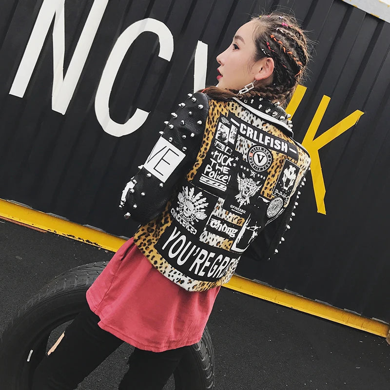 S-XL New Fashion brand rivet beading Pu leather jacket  Ladies Basic Street Women Leopard Short PU Leather Jacket wj1261