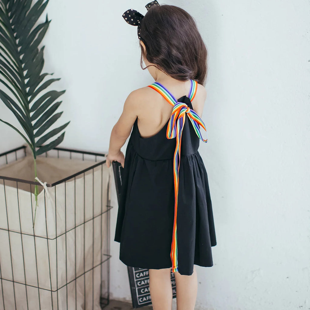 2022 New Arrival Children Clothing Girls Rainbow Strap Simply Black Cotton Dress Lovely Casual Kids Summer Dress