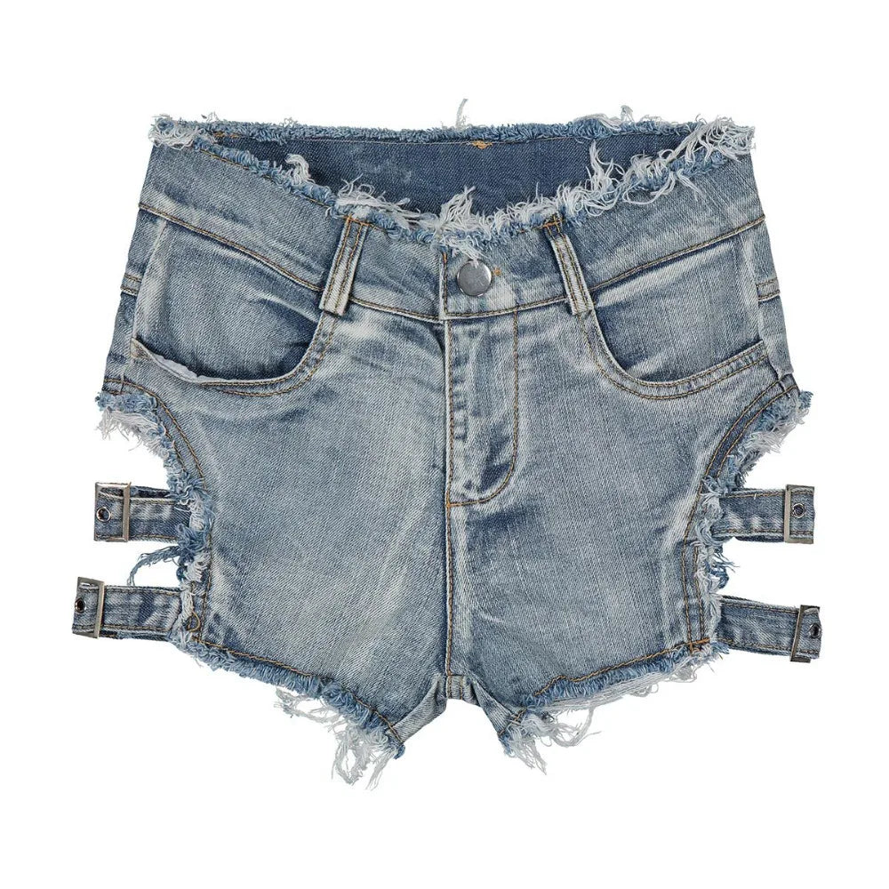 Summer Sexy Denim Shorts Women Hollow Out Bandage Punk Rock High Waist Shorts