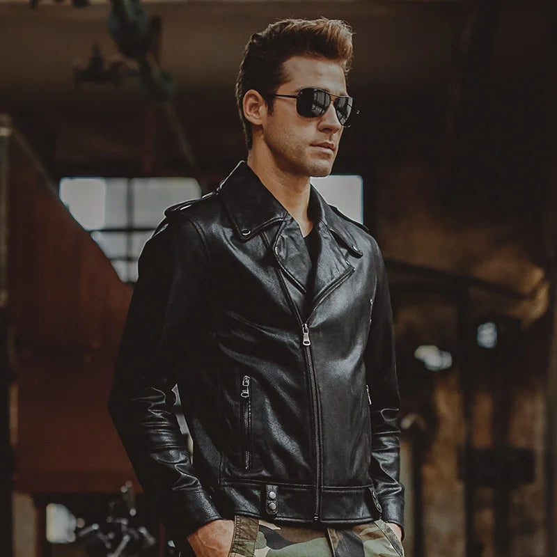 Men's Pigskin Black Genuine Leather Jacket Motorcycle Real Leather Jackets Winter Coat Men