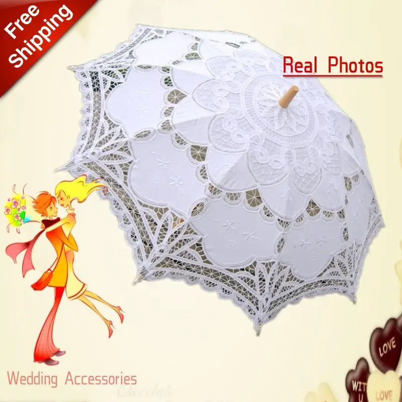 New Lace Umbrella Cotton Embroidery White/Ivory Battenburg Lace Parasol Umbrella Wedding Umbrella Decorations Free Shipping