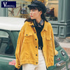 Vangull Yellow Corduroy Jacket Women Spring Bomber JacketLong Sleeve Fashion Pocket Cotton Basic Coat Stylish Loose Outerwear