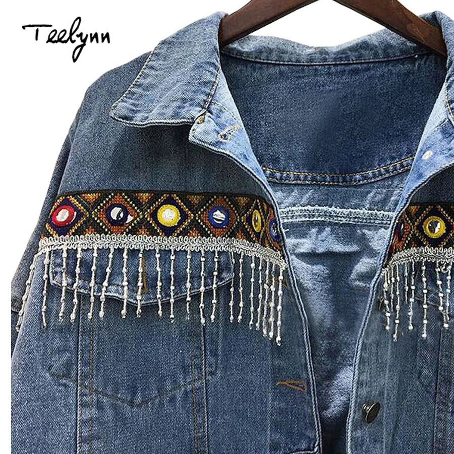 TEELYNN Denim female jacket autumn vintage ethnic appliques Embroidery tassel loose coat long sleeve Outerwear jacket for women