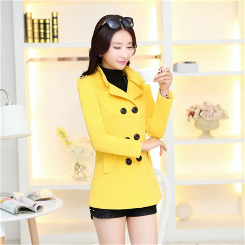 Women Wool Blend Warm Long Yellow Red Coat Lapel Jacket Autumn Winter Woman Woolen Overcoat sobretudo feminino abrigo rojo mujer