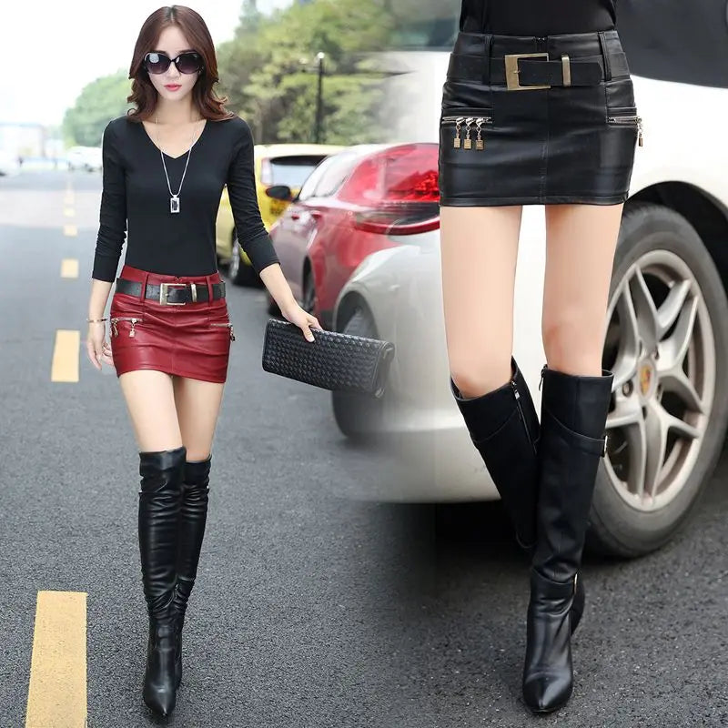 NYFS 2023 New Style Spring Autumn Winter Women Slim PU Leather skirt Hip faldas S-XL Size(Send Belt)