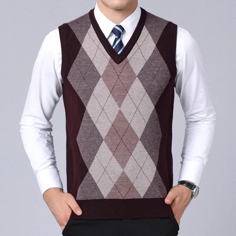 2023 New Fashion Brand Sweater For Mens Pullovers plaid Slim Fit Jumpers Knitred Vest Autumn Korean Style  Casual Men Clothes