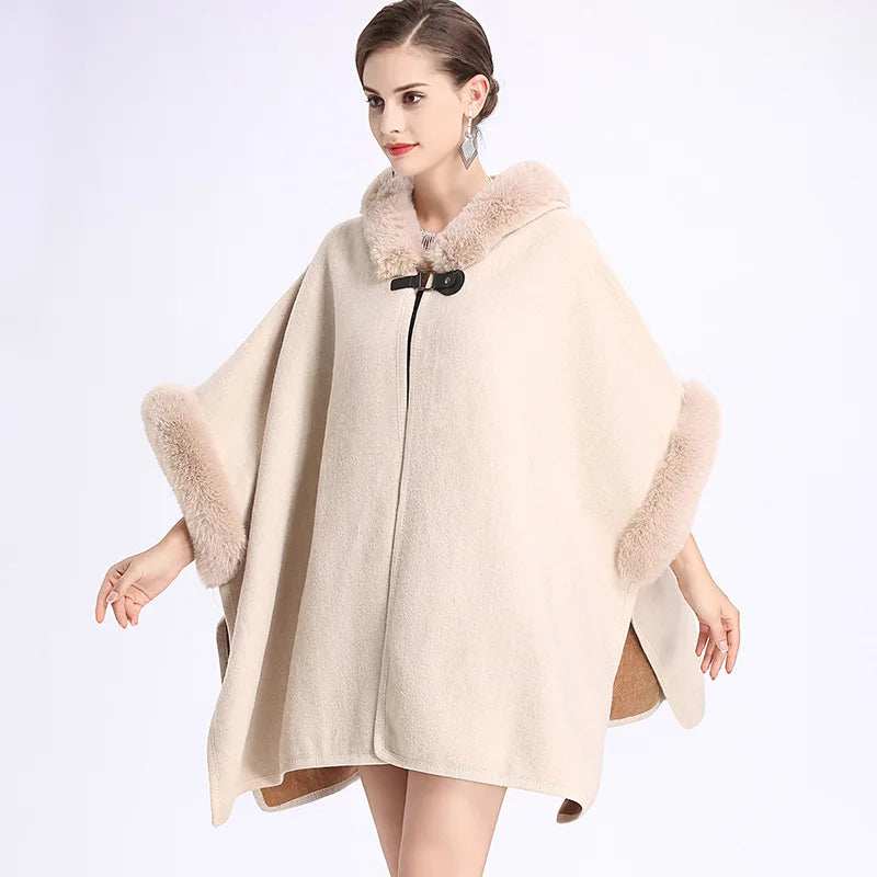 Women Winter Faux Rabbit Fur Batwing Sleeves Poncho Cloak Warm Thick Horn Buckle Big Pendulum Outstreet Loose Coat With Hat